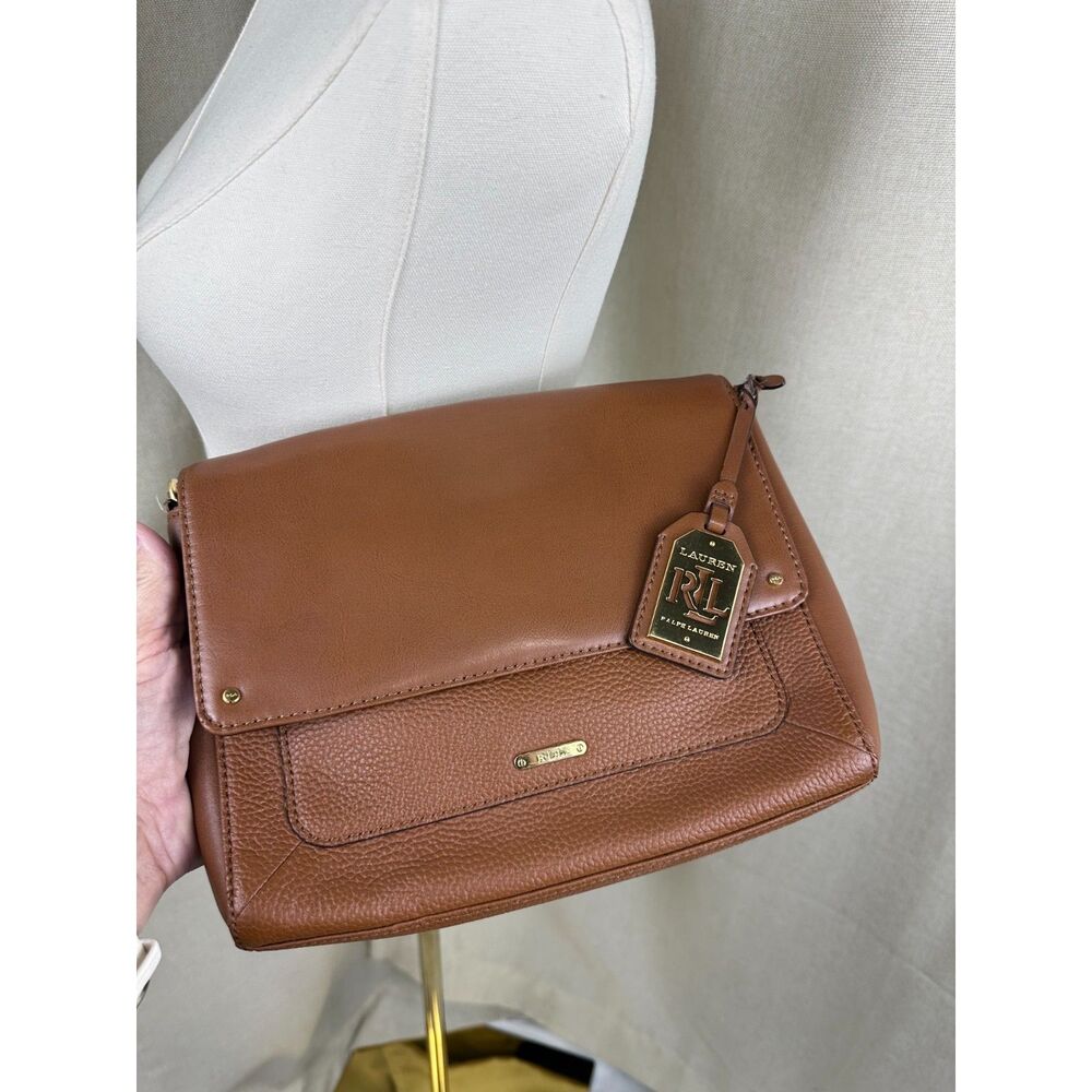 Lauren Ralph Lauren Cognac Brown Leather Flap Crossbody Bag / Saddle Bag